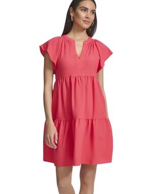 Calvin Klein Women's Flutter Sleeve V-Neck Gauze Dress